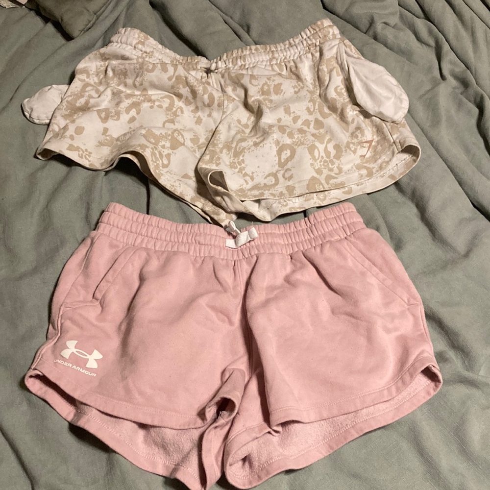 Under Armour Pink Women's Short and gymshark white cheetah sweat shorts